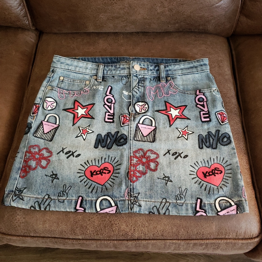 Michael Kors Denim Graffiti Mini Skirt with RedAccents